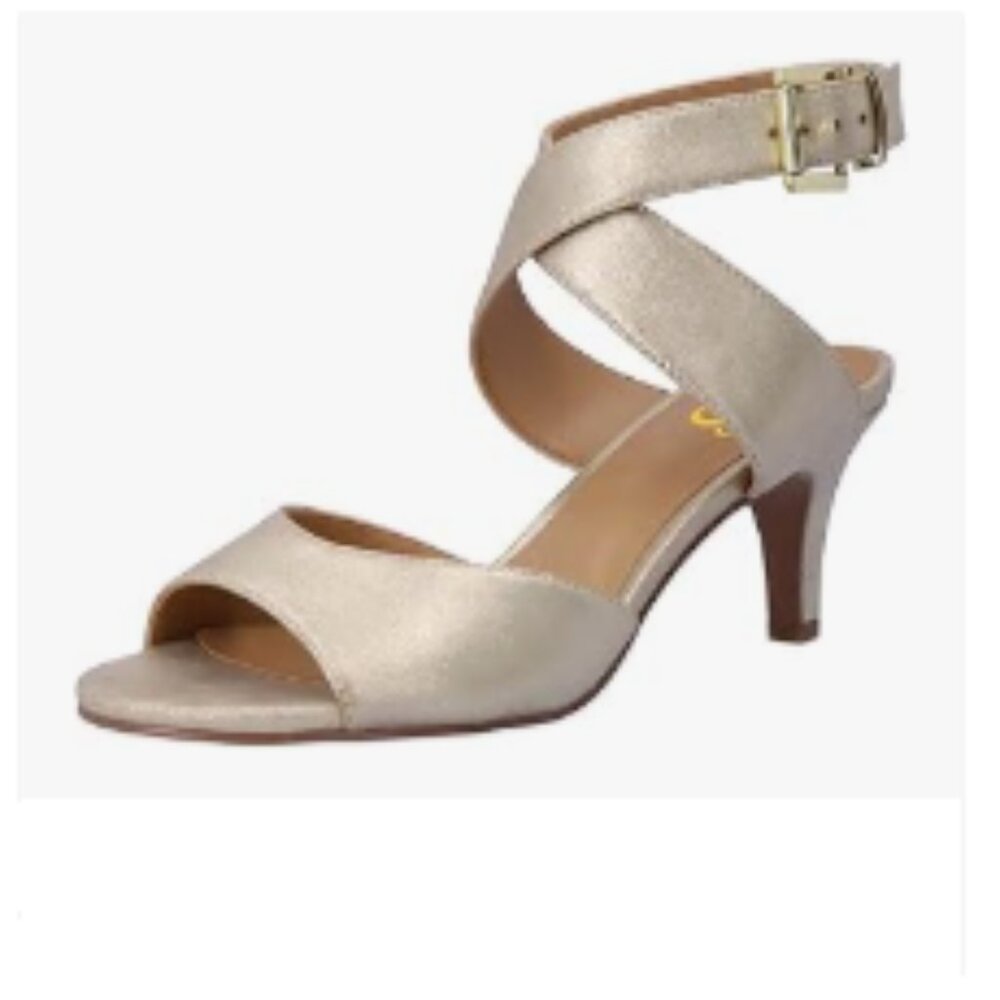 FYS Champagne Gold Peep Toe Sandals Cross Ankle Strap Mid Heels Office Shoes